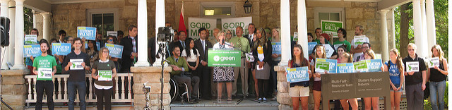 WRGreens Richard Walsh (Waterloo), Bob Jonkman (Kitchener-Conestoga) and Michele Braniff (Cambridge) were among the many Green Party Candidates who joined Elizabeth May as she announced the Education portion of the Green Party of Canada's platform at the University of Guelph.